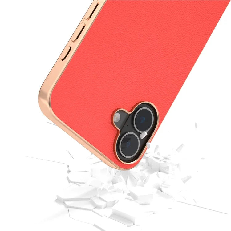 ABEEL For iPhone 16 Case Electroplating Edge Genuine Cow Leather Coated PC+TPU Phone Cover