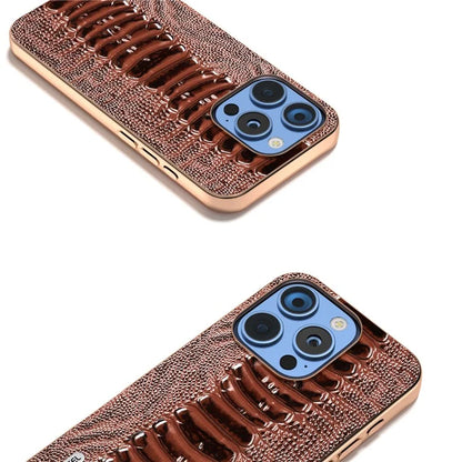 ABEEL For iPhone 16 Pro Max Case Electroplating Edge Crocodile Texture Genuine Cow Leather+TPU+PC Phone Cover