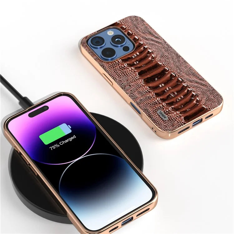 ABEEL For iPhone 16 Pro Max Case Electroplating Edge Crocodile Texture Genuine Cow Leather+TPU+PC Phone Cover