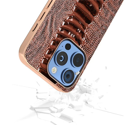ABEEL For iPhone 16 Pro Max Case Electroplating Edge Crocodile Texture Genuine Cow Leather+TPU+PC Phone Cover