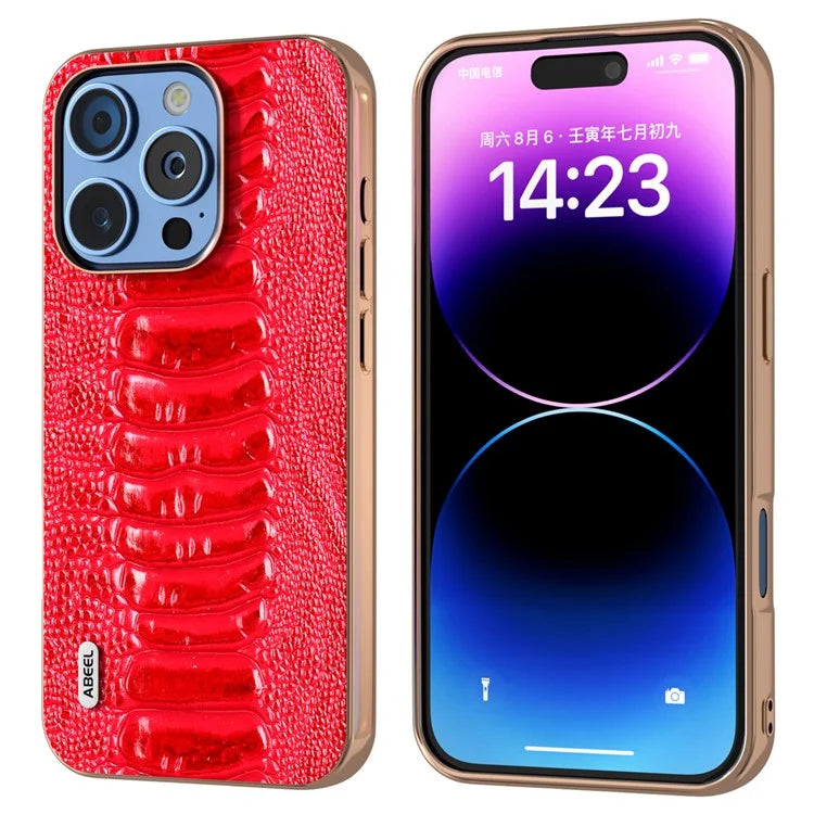 ABEEL For iPhone 16 Pro Max Case Electroplating Edge Crocodile Texture Genuine Cow Leather+TPU+PC Phone Cover