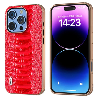 ABEEL For iPhone 16 Pro Max Case Electroplating Edge Crocodile Texture Genuine Cow Leather+TPU+PC Phone Cover