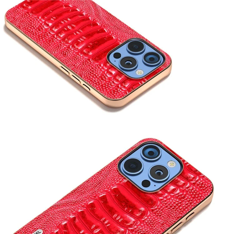 ABEEL For iPhone 16 Pro Max Case Electroplating Edge Crocodile Texture Genuine Cow Leather+TPU+PC Phone Cover