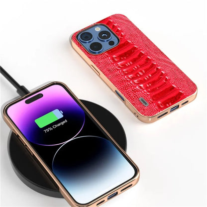 ABEEL For iPhone 16 Pro Max Case Electroplating Edge Crocodile Texture Genuine Cow Leather+TPU+PC Phone Cover