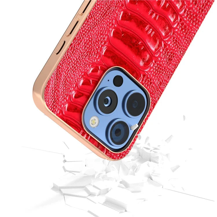 ABEEL For iPhone 16 Pro Max Case Electroplating Edge Crocodile Texture Genuine Cow Leather+TPU+PC Phone Cover