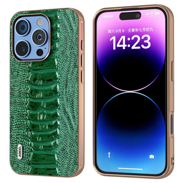 ABEEL For iPhone 16 Pro Max Case Electroplating Edge Crocodile Texture Genuine Cow Leather+TPU+PC Phone Cover