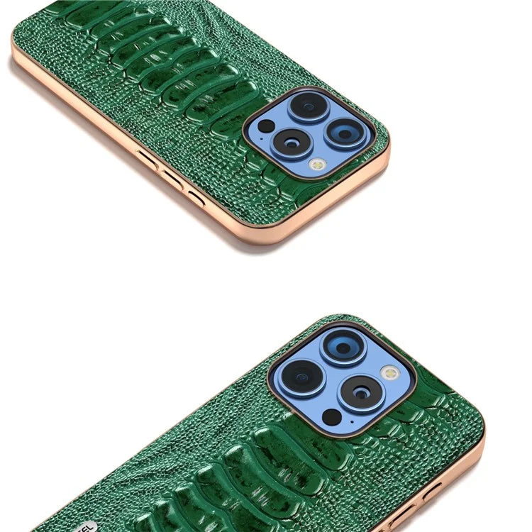 ABEEL For iPhone 16 Pro Max Case Electroplating Edge Crocodile Texture Genuine Cow Leather+TPU+PC Phone Cover