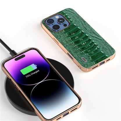 ABEEL For iPhone 16 Pro Max Case Electroplating Edge Crocodile Texture Genuine Cow Leather+TPU+PC Phone Cover