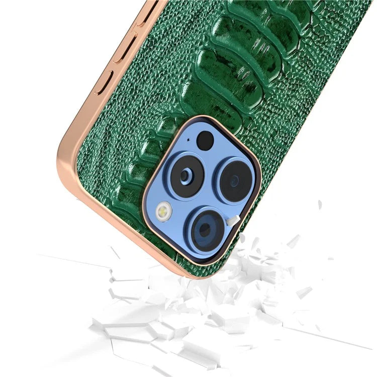 ABEEL For iPhone 16 Pro Max Case Electroplating Edge Crocodile Texture Genuine Cow Leather+TPU+PC Phone Cover