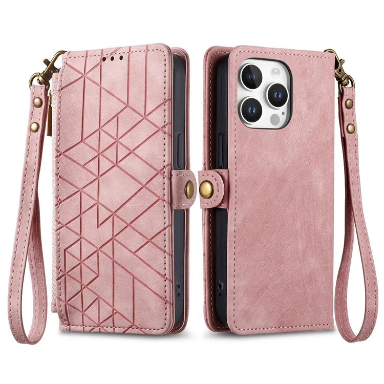 For iPhone 16 Pro Case Zipper Wallet Geometry Lines Leather Phone Cover