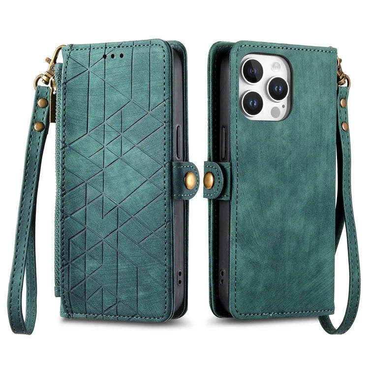 For iPhone 16 Pro Case Zipper Wallet Geometry Lines Leather Phone Cover
