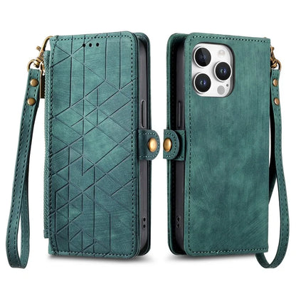 For iPhone 16 Pro Case Zipper Wallet Geometry Lines Leather Phone Cover