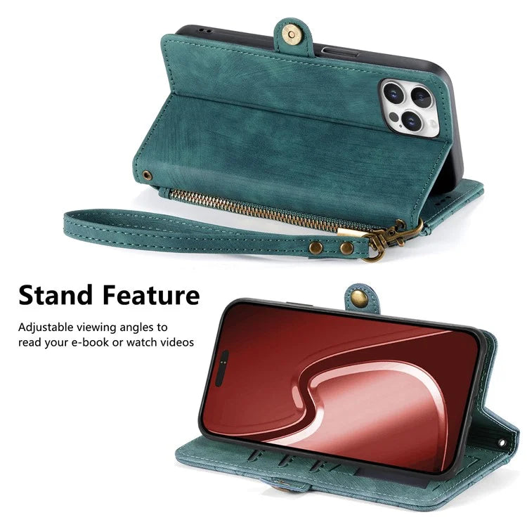 For iPhone 16 Pro Case Zipper Wallet Geometry Lines Leather Phone Cover