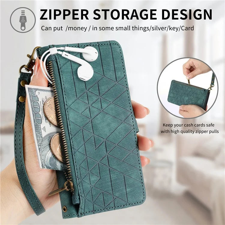For iPhone 16 Pro Case Zipper Wallet Geometry Lines Leather Phone Cover