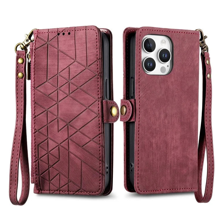 For iPhone 16 Pro Case Zipper Wallet Geometry Lines Leather Phone Cover