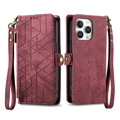 For iPhone 16 Pro Case Zipper Wallet Geometry Lines Leather Phone Cover