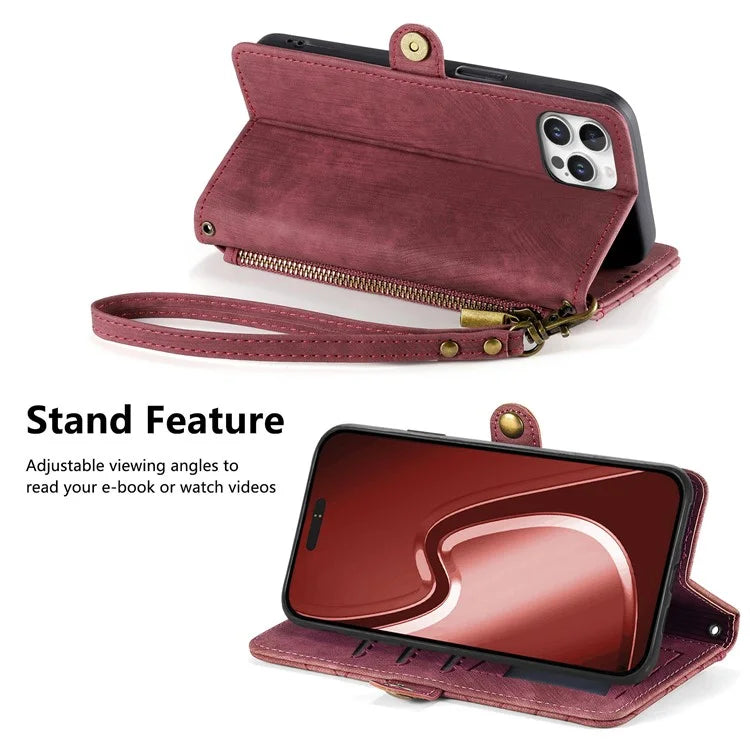For iPhone 16 Pro Case Zipper Wallet Geometry Lines Leather Phone Cover