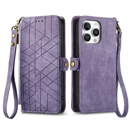 For iPhone 16 Pro Case Zipper Wallet Geometry Lines Leather Phone Cover