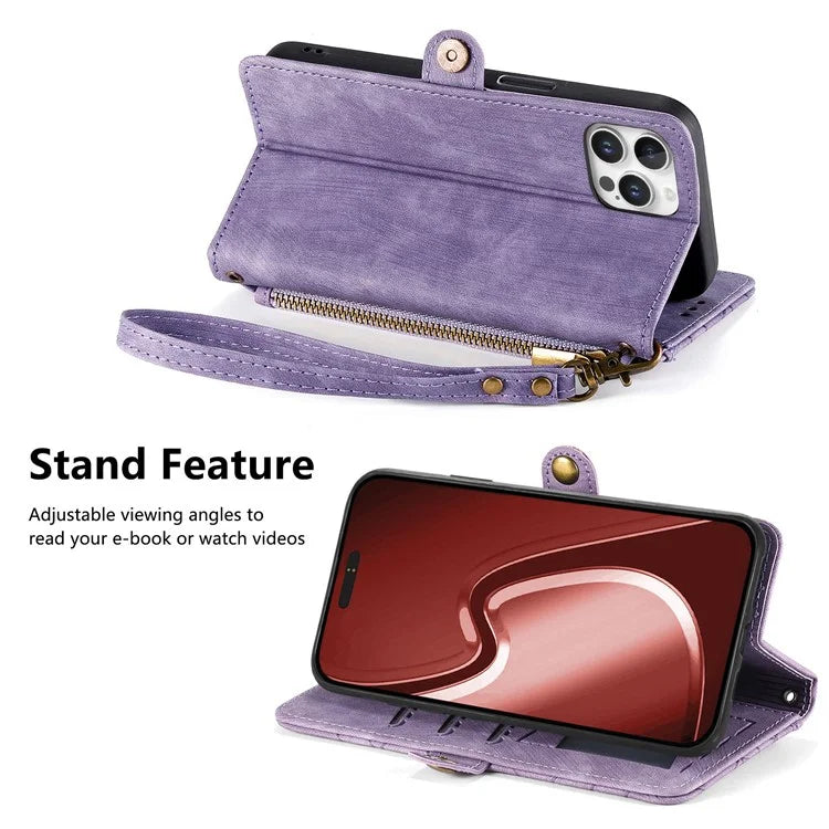 For iPhone 16 Pro Case Zipper Wallet Geometry Lines Leather Phone Cover