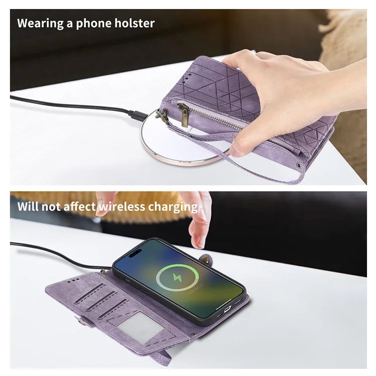 For iPhone 16 Pro Case Zipper Wallet Geometry Lines Leather Phone Cover