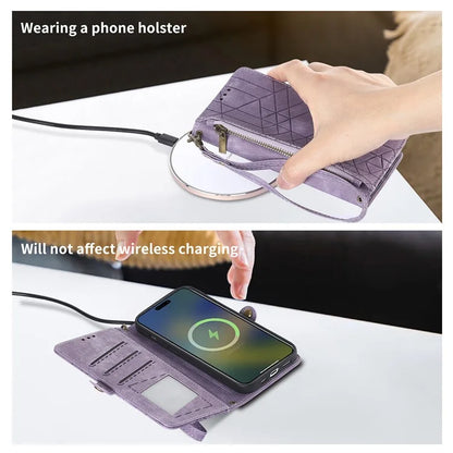 For iPhone 16 Pro Case Zipper Wallet Geometry Lines Leather Phone Cover