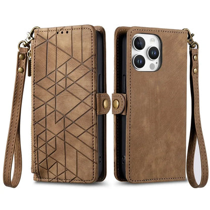 For iPhone 16 Pro Case Zipper Wallet Geometry Lines Leather Phone Cover