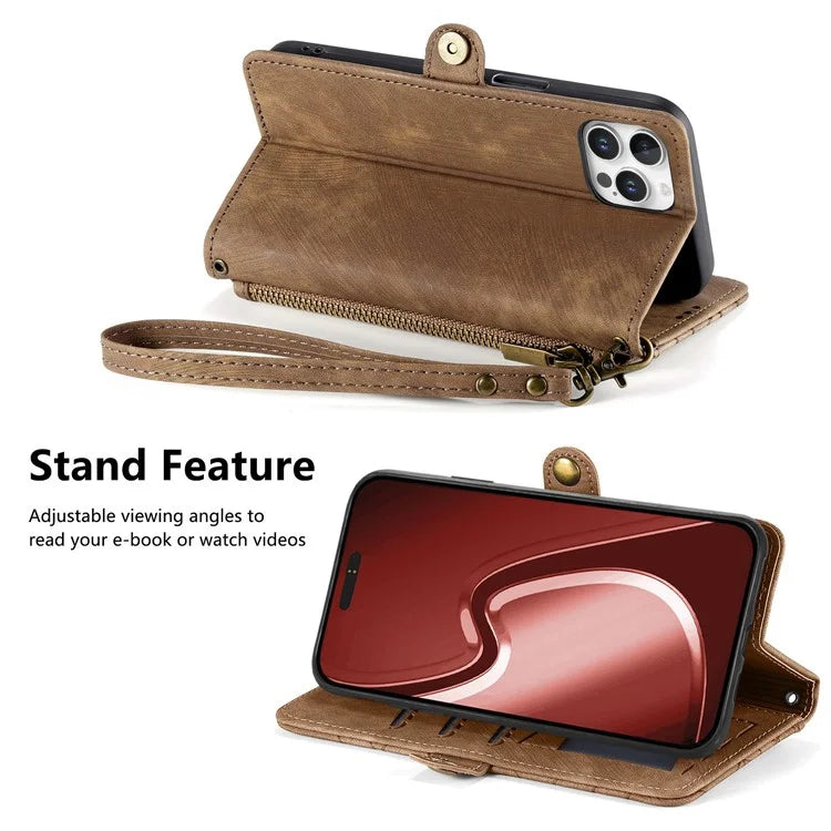 For iPhone 16 Pro Case Zipper Wallet Geometry Lines Leather Phone Cover