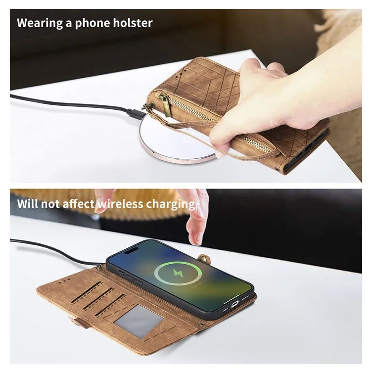 For iPhone 16 Pro Case Zipper Wallet Geometry Lines Leather Phone Cover