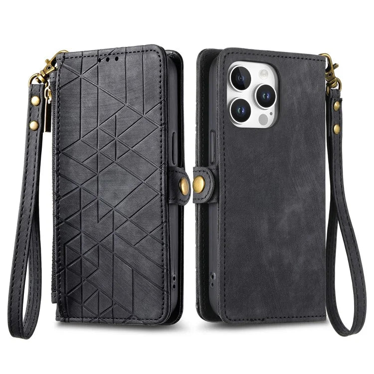For iPhone 16 Pro Case Zipper Wallet Geometry Lines Leather Phone Cover