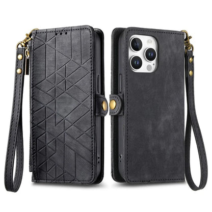 For iPhone 16 Pro Case Zipper Wallet Geometry Lines Leather Phone Cover