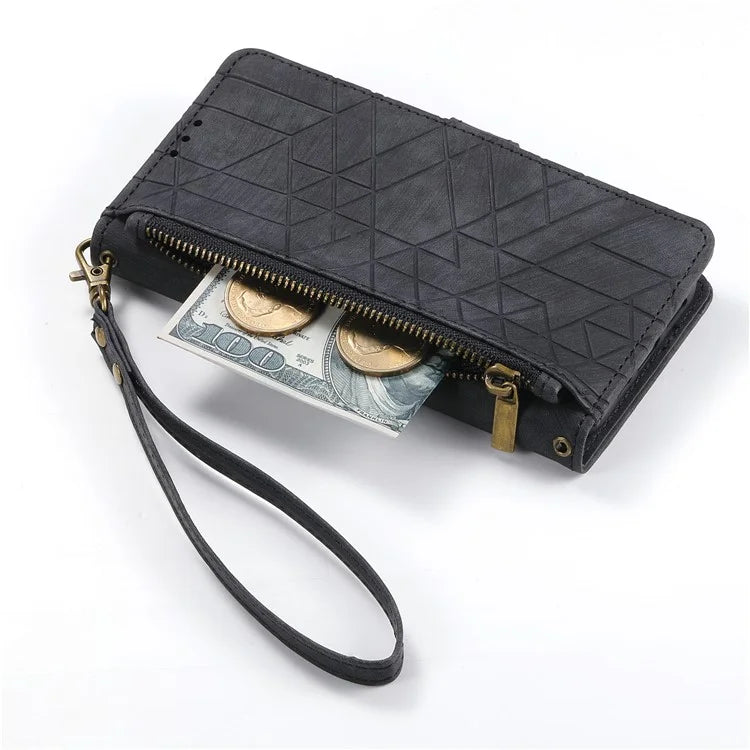 For iPhone 16 Pro Case Zipper Wallet Geometry Lines Leather Phone Cover