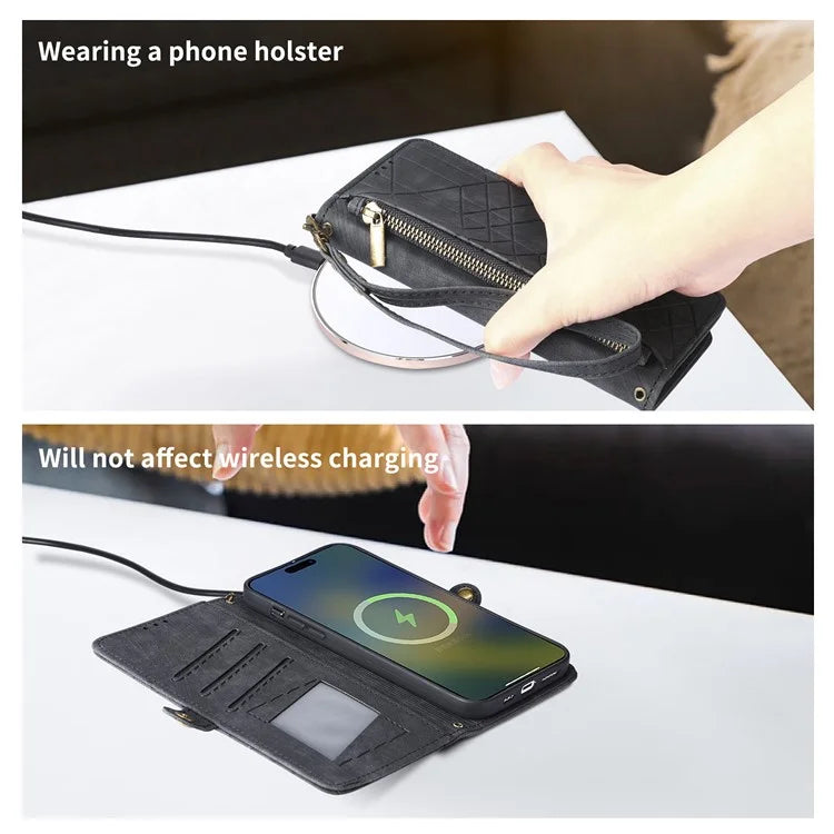 For iPhone 16 Pro Case Zipper Wallet Geometry Lines Leather Phone Cover