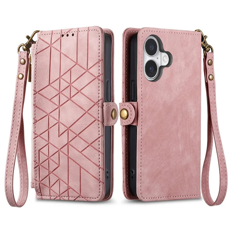 For iPhone 16 Case Zipper Wallet Geometry Lines Leather Phone Cover