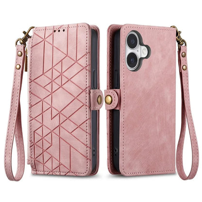For iPhone 16 Case Zipper Wallet Geometry Lines Leather Phone Cover