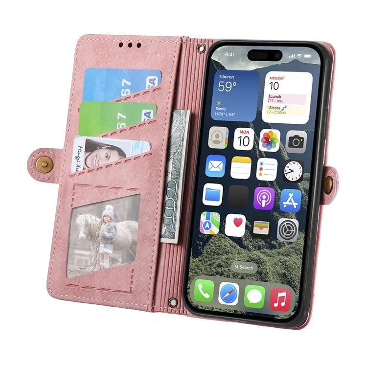 For iPhone 16 Case Zipper Wallet Geometry Lines Leather Phone Cover