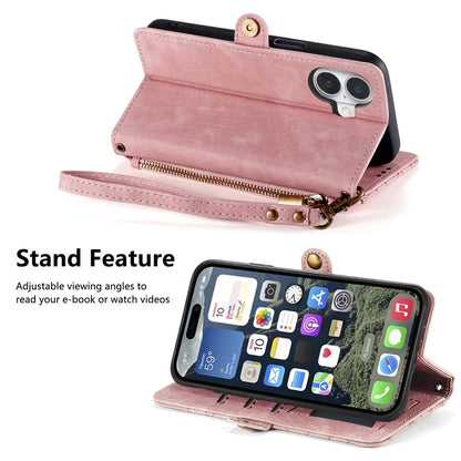For iPhone 16 Case Zipper Wallet Geometry Lines Leather Phone Cover