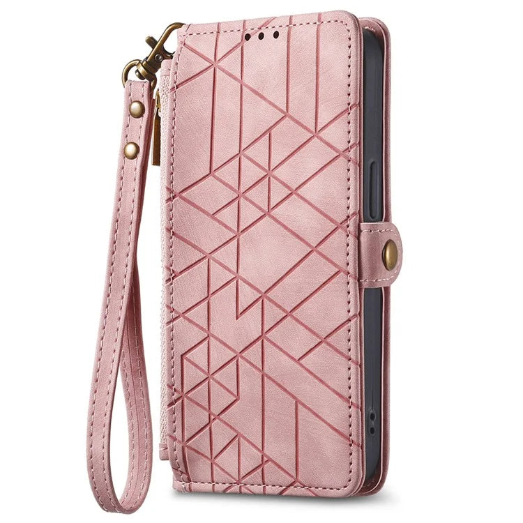 For iPhone 16 Case Zipper Wallet Geometry Lines Leather Phone Cover