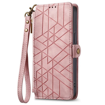 For iPhone 16 Case Zipper Wallet Geometry Lines Leather Phone Cover