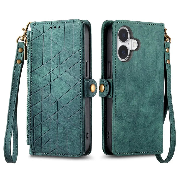 For iPhone 16 Case Zipper Wallet Geometry Lines Leather Phone Cover