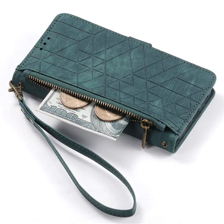 For iPhone 16 Case Zipper Wallet Geometry Lines Leather Phone Cover