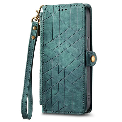 For iPhone 16 Case Zipper Wallet Geometry Lines Leather Phone Cover