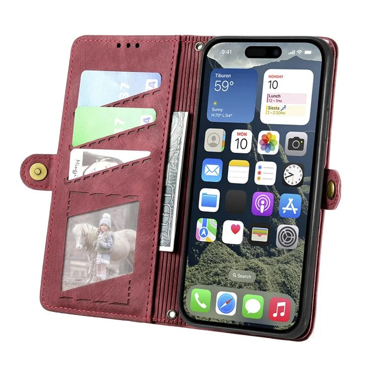 For iPhone 16 Case Zipper Wallet Geometry Lines Leather Phone Cover