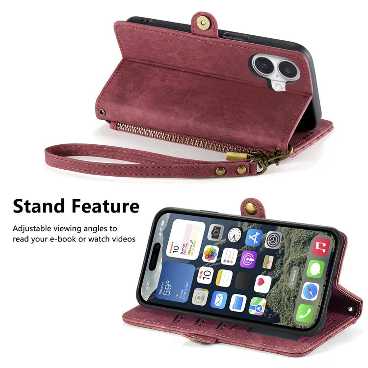 For iPhone 16 Case Zipper Wallet Geometry Lines Leather Phone Cover