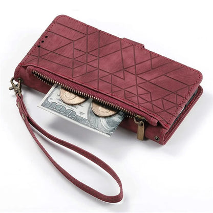 For iPhone 16 Case Zipper Wallet Geometry Lines Leather Phone Cover