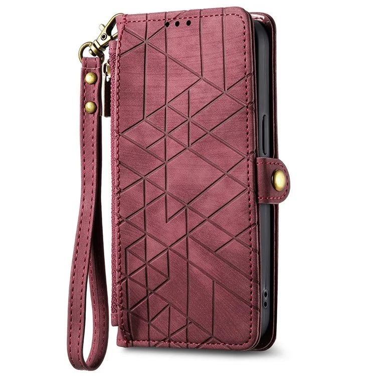 For iPhone 16 Case Zipper Wallet Geometry Lines Leather Phone Cover