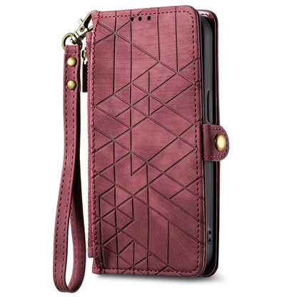 For iPhone 16 Case Zipper Wallet Geometry Lines Leather Phone Cover