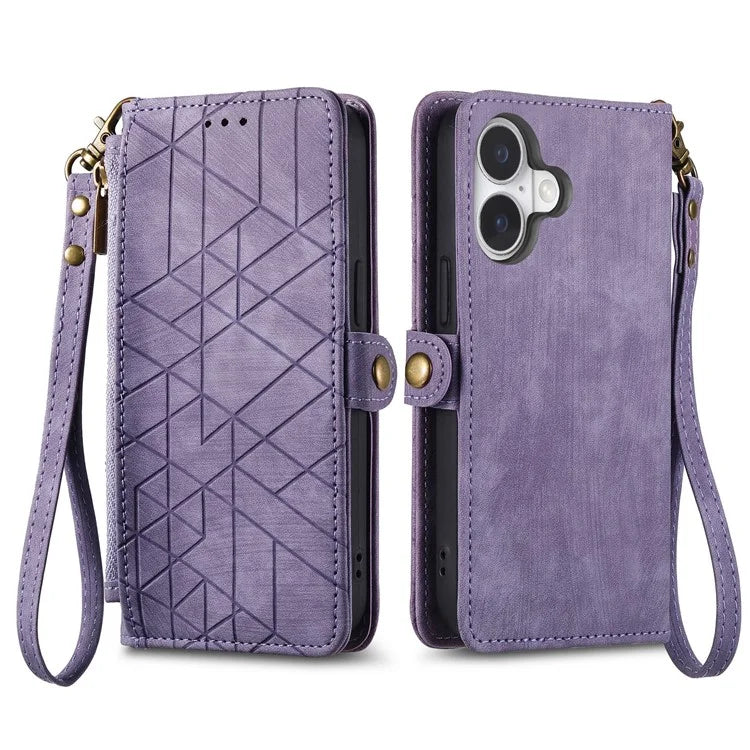 For iPhone 16 Case Zipper Wallet Geometry Lines Leather Phone Cover
