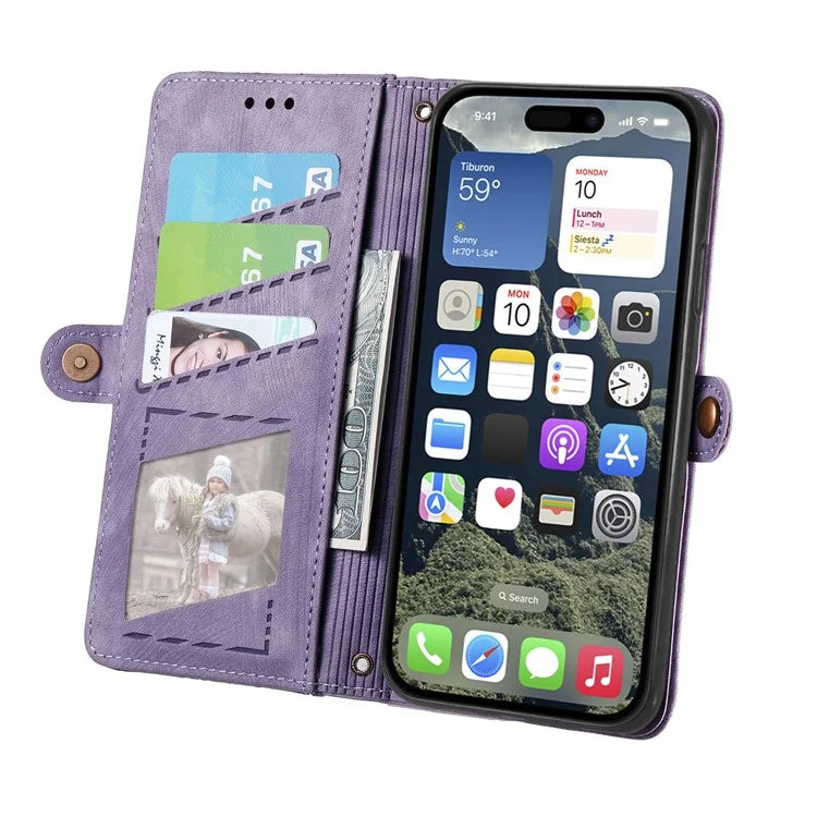 For iPhone 16 Case Zipper Wallet Geometry Lines Leather Phone Cover
