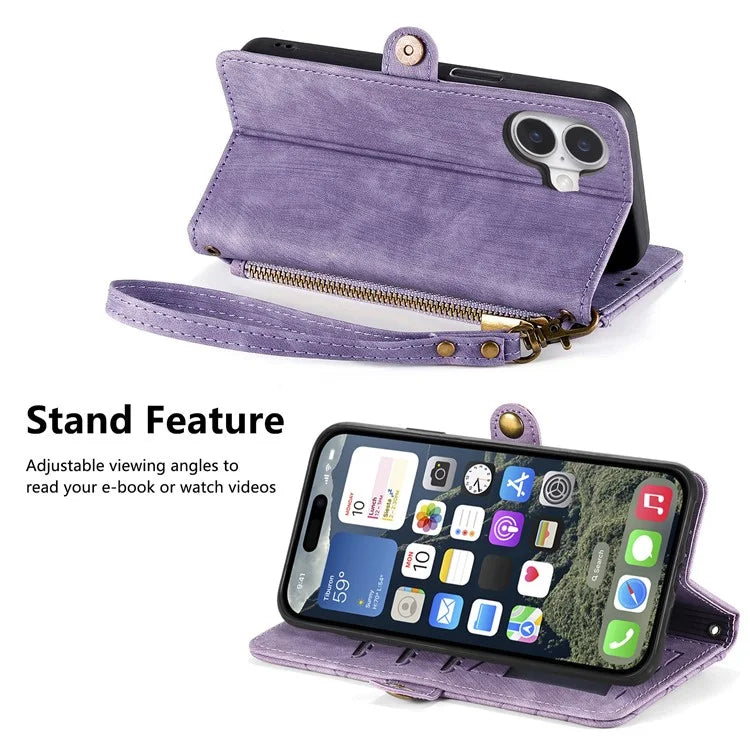 For iPhone 16 Case Zipper Wallet Geometry Lines Leather Phone Cover