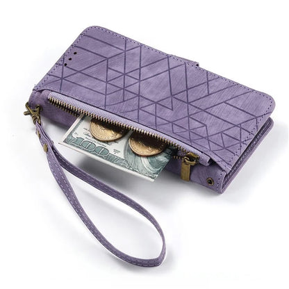 For iPhone 16 Case Zipper Wallet Geometry Lines Leather Phone Cover